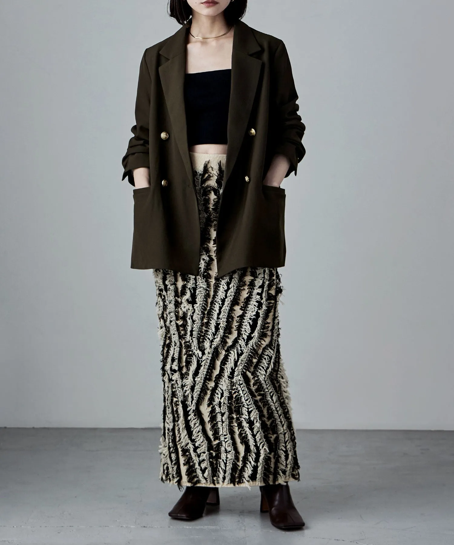 Mix fringe knit tight skirt