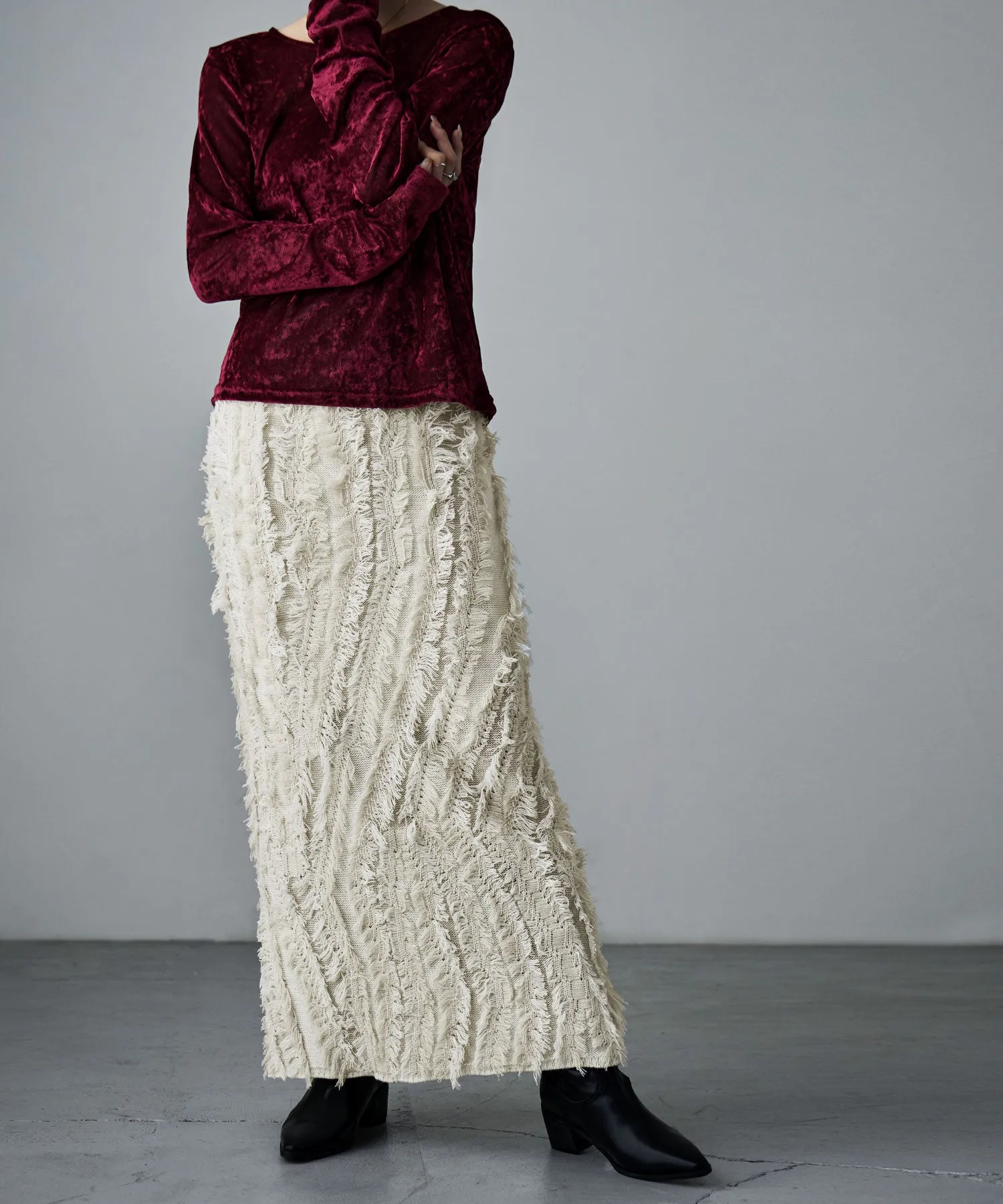 Mix fringe knit tight skirt