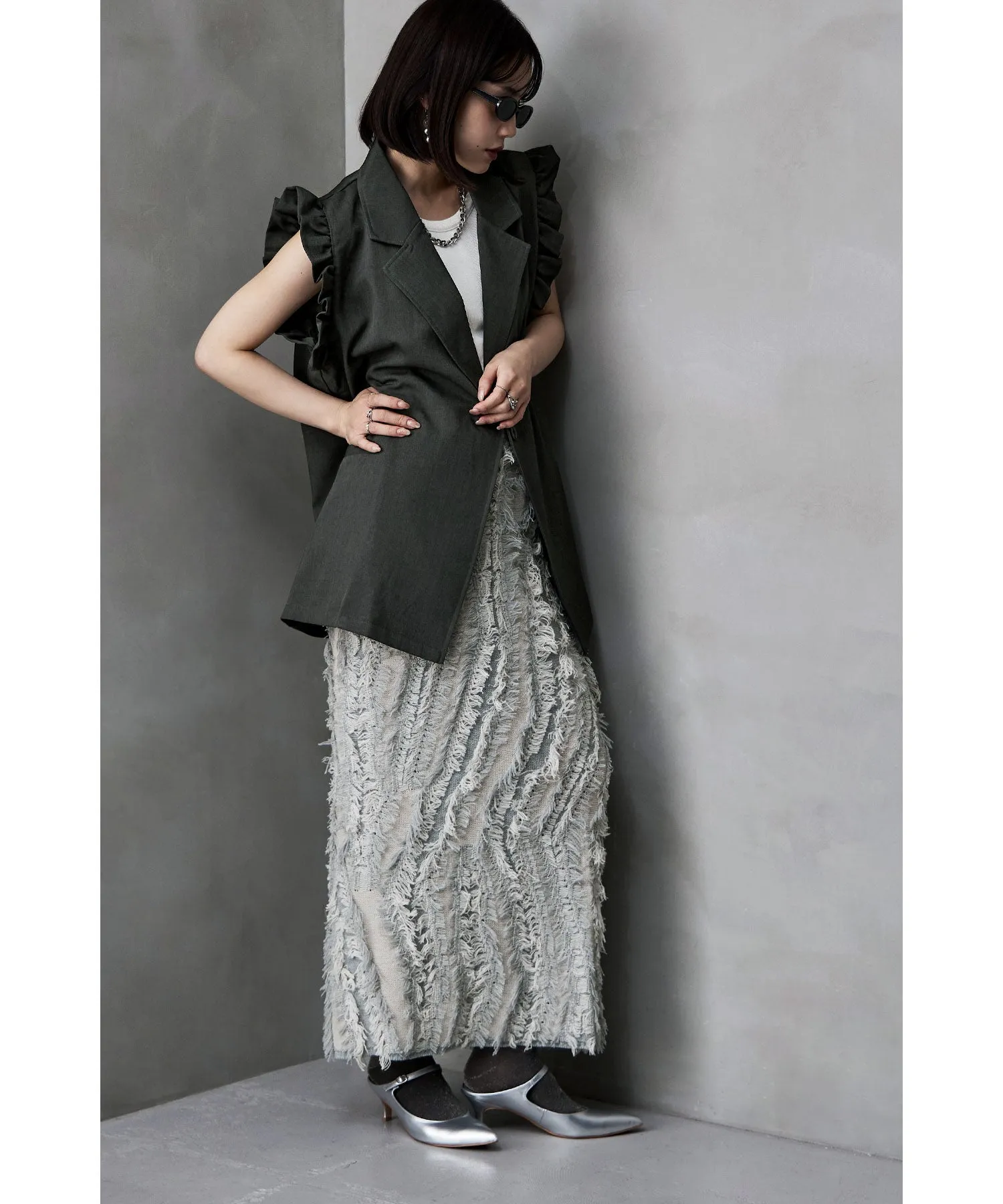 Mix fringe knit tight skirt
