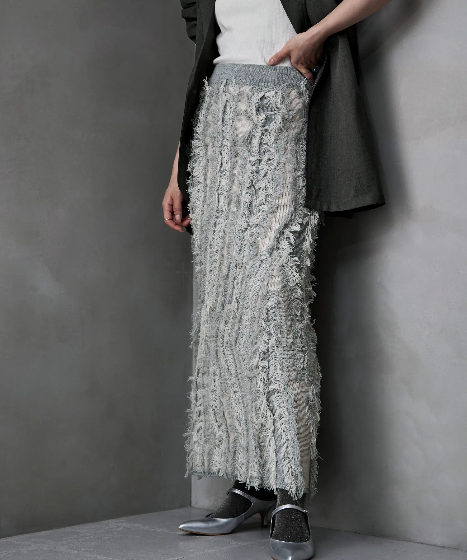 Mix fringe knit tight skirt