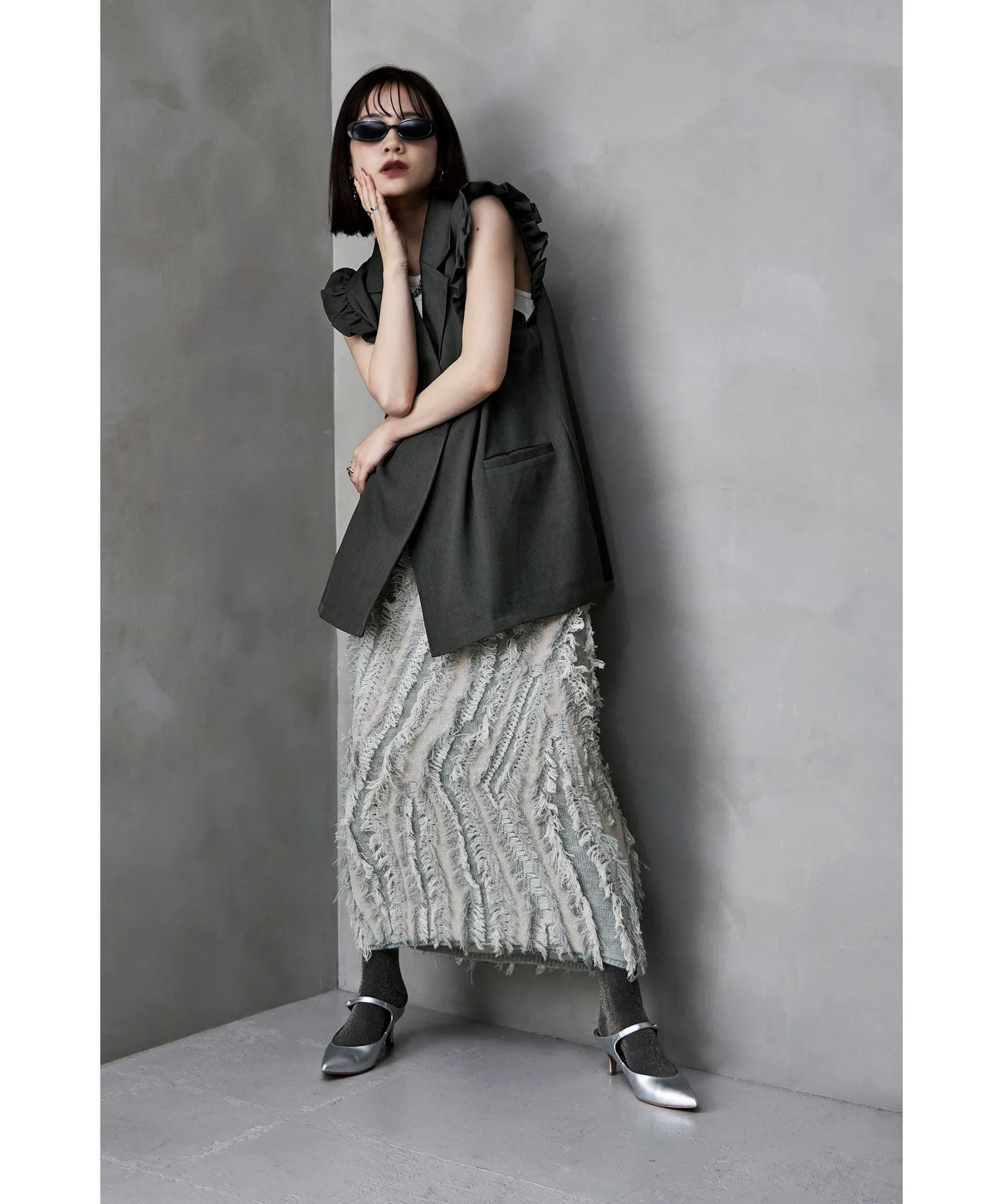 Mix fringe knit tight skirt