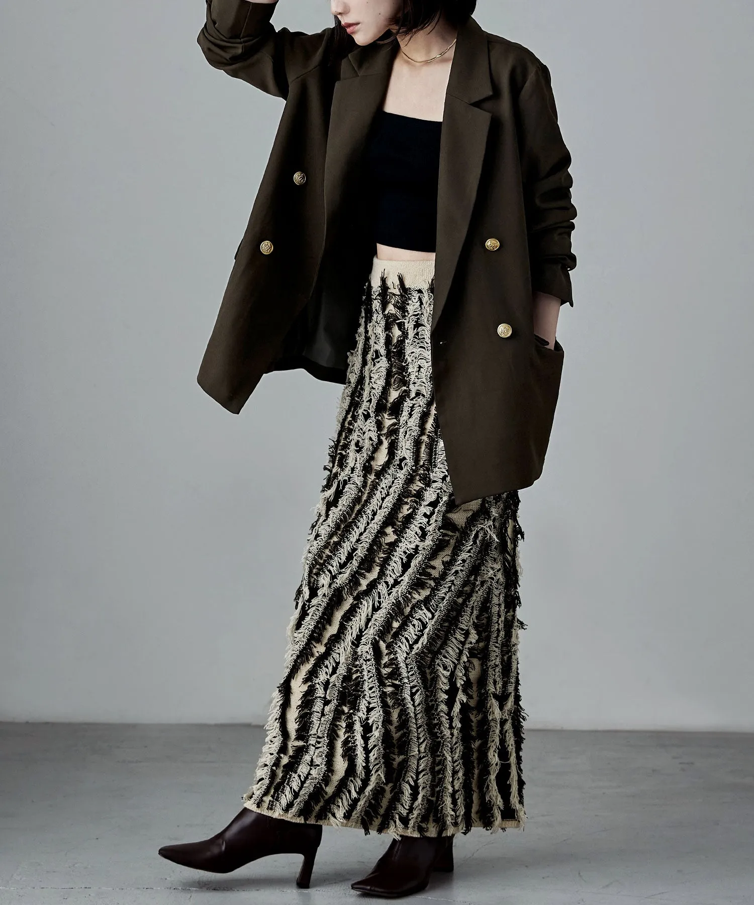 Mix fringe knit tight skirt