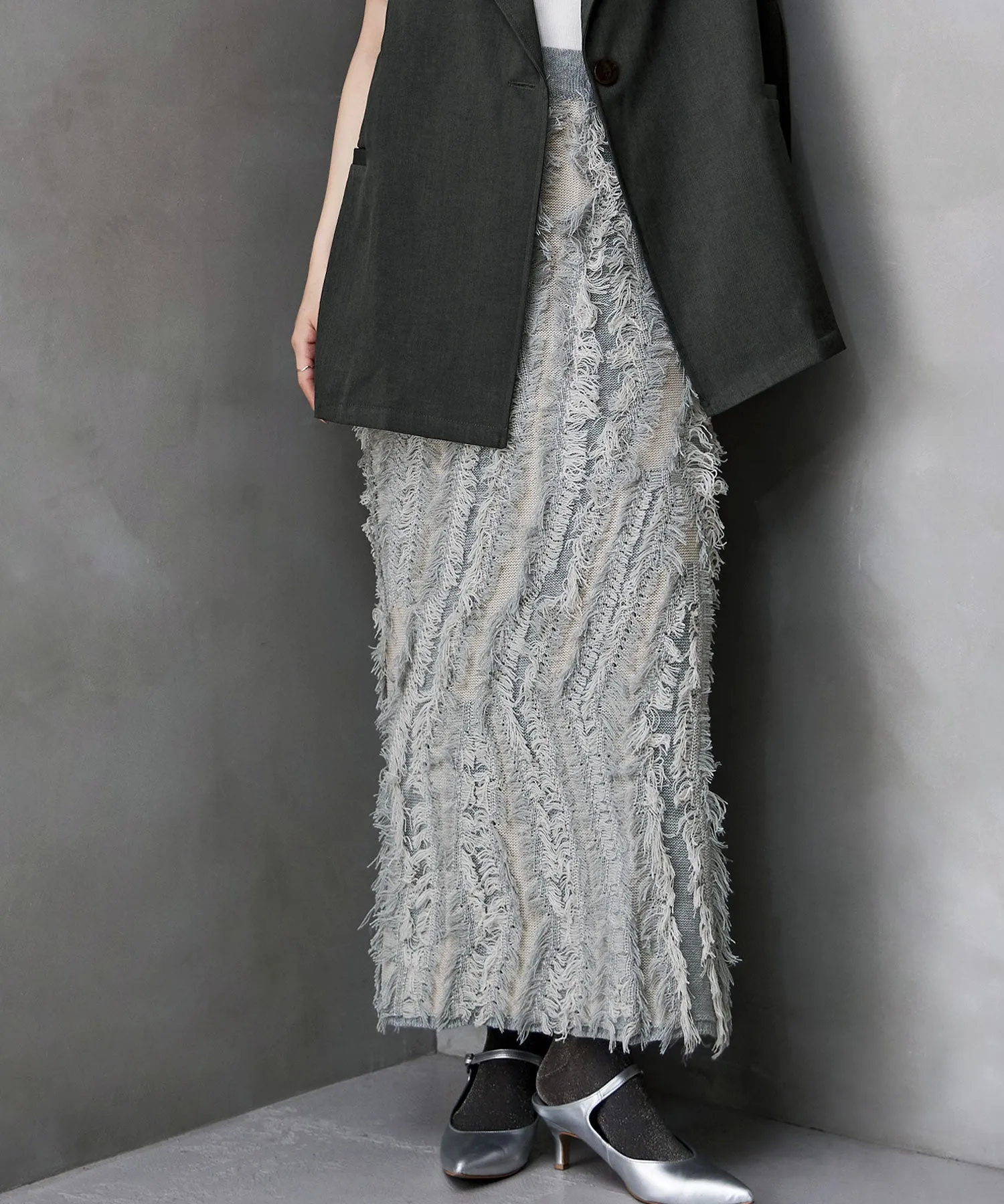 Mix fringe knit tight skirt