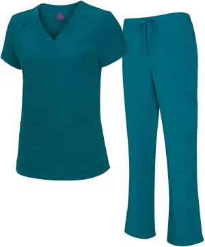 Natural Uniforms Women's Cool Stretch V-Neck Top and Cargo Pant Scrub Set with Regular and Petite Sizes