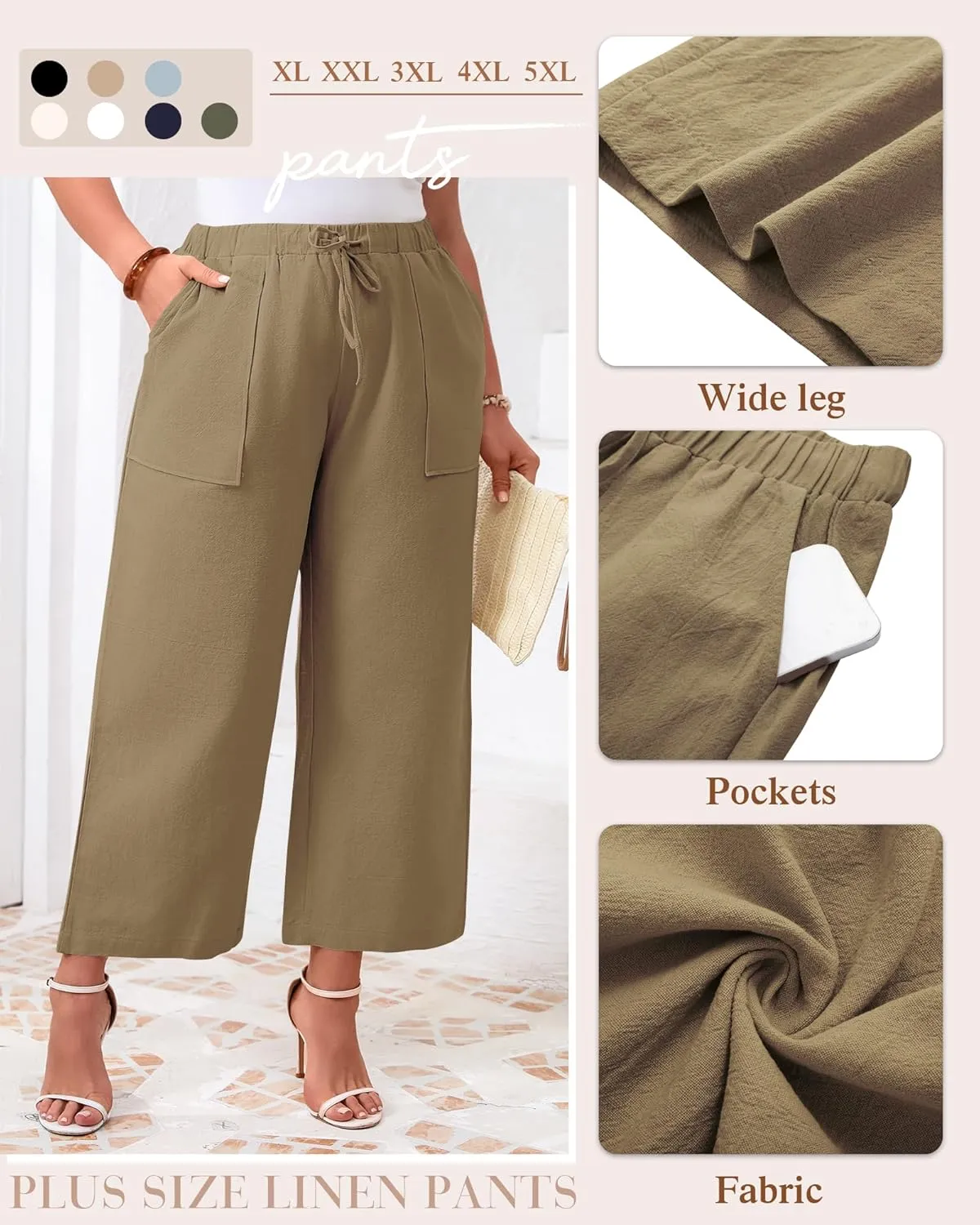 Neer 2 Pack Womens Plus Size Linen Pants, Casual Summer Beach Pants with Pocket Drawstring High Waisted Loose Trouser