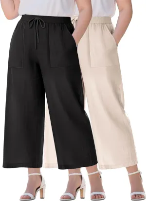 Neer 2 Pack Womens Plus Size Linen Pants, Casual Summer Beach Pants with Pocket Drawstring High Waisted Loose Trouser