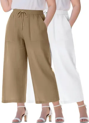 Neer 2 Pack Womens Plus Size Linen Pants, Casual Summer Beach Pants with Pocket Drawstring High Waisted Loose Trouser