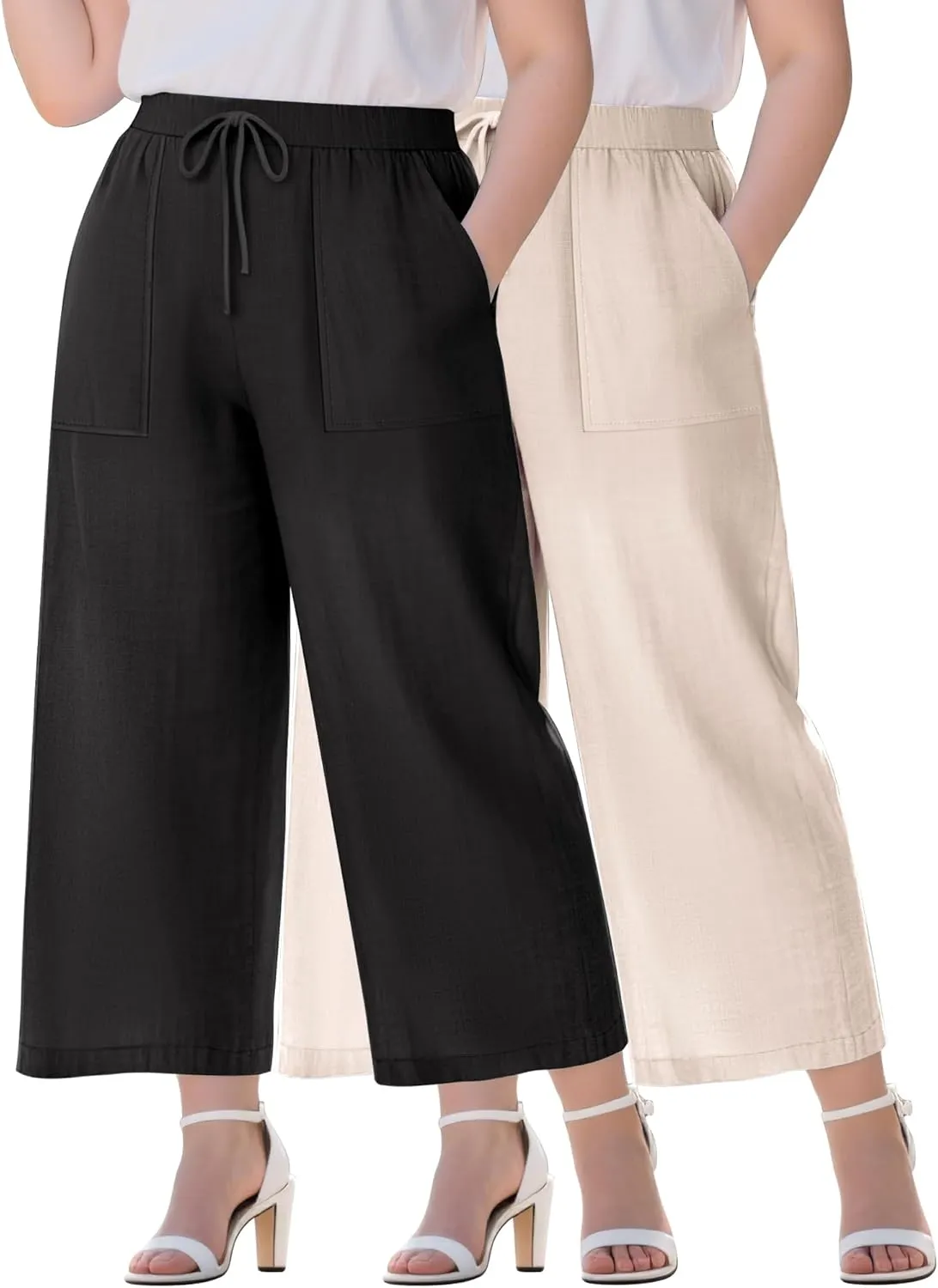 Neer 2 Pack Womens Plus Size Linen Pants, Casual Summer Beach Pants with Pocket Drawstring High Waisted Loose Trouser