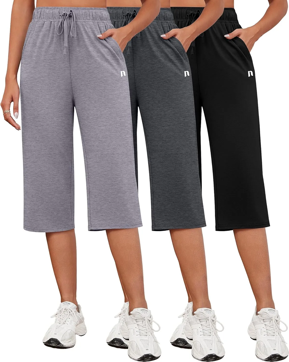 Neer 3 Pack Women's Capri Pants, Cotton Wide Leg Basic Sweatpants Lounge Loose Fit Casual Drawstring Yoga Capris with Pockets