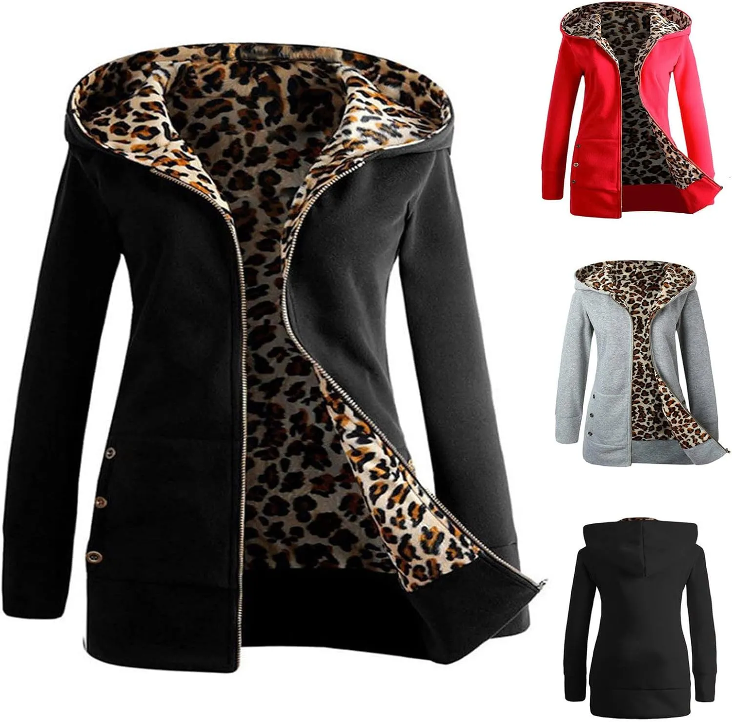 nerohusy Womens Warm Faux Coat Fashion 2022 Jacket Winter Leopard Long Sleeve Oversized Hoodie Outerwear for Ladies