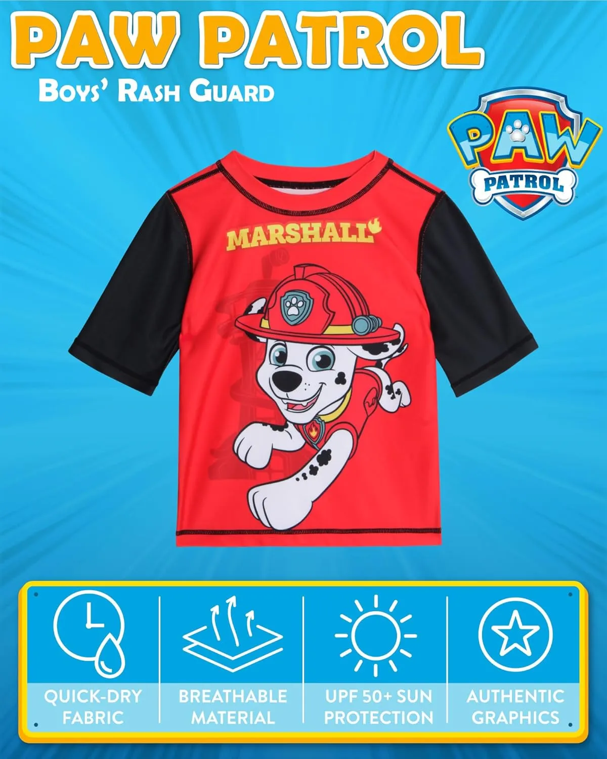 Nickelodeon Boys' Rash Guard Short Sleeve Top - Paw Patrol Chase & Marshall Quick Dry UPF50  Sun Protection Swim Shirt (2T-7)