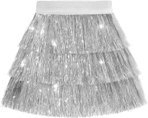 Noomelfish Girls Tinsel Fringe Skirt Sparkly Tassel Metallic Party Skirt(5-12 Years)