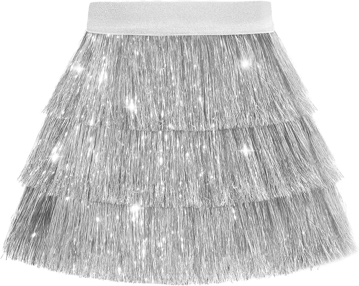 Noomelfish Girls Tinsel Fringe Skirt Sparkly Tassel Metallic Party Skirt(5-12 Years)