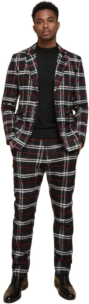 NOVOCCT Men's Plaid Blazer & Pants Set | Slim Fit 2-Button Jacket   Stretch Skinny Dress Pants | Matching Plaid Suit Outfit for Business & Casual