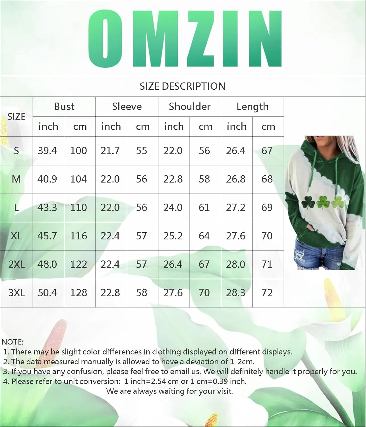 OMZIN Women's St. Patrick's Day Hooded Sweatshirt Long Sleeve Shamrock Sweatshirt