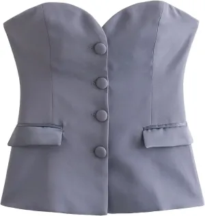 Perbai Womens Sleeveless Blazer Tube Top Off Shoulder Button Front Fitted Strapless Work Business Bandeau Vest