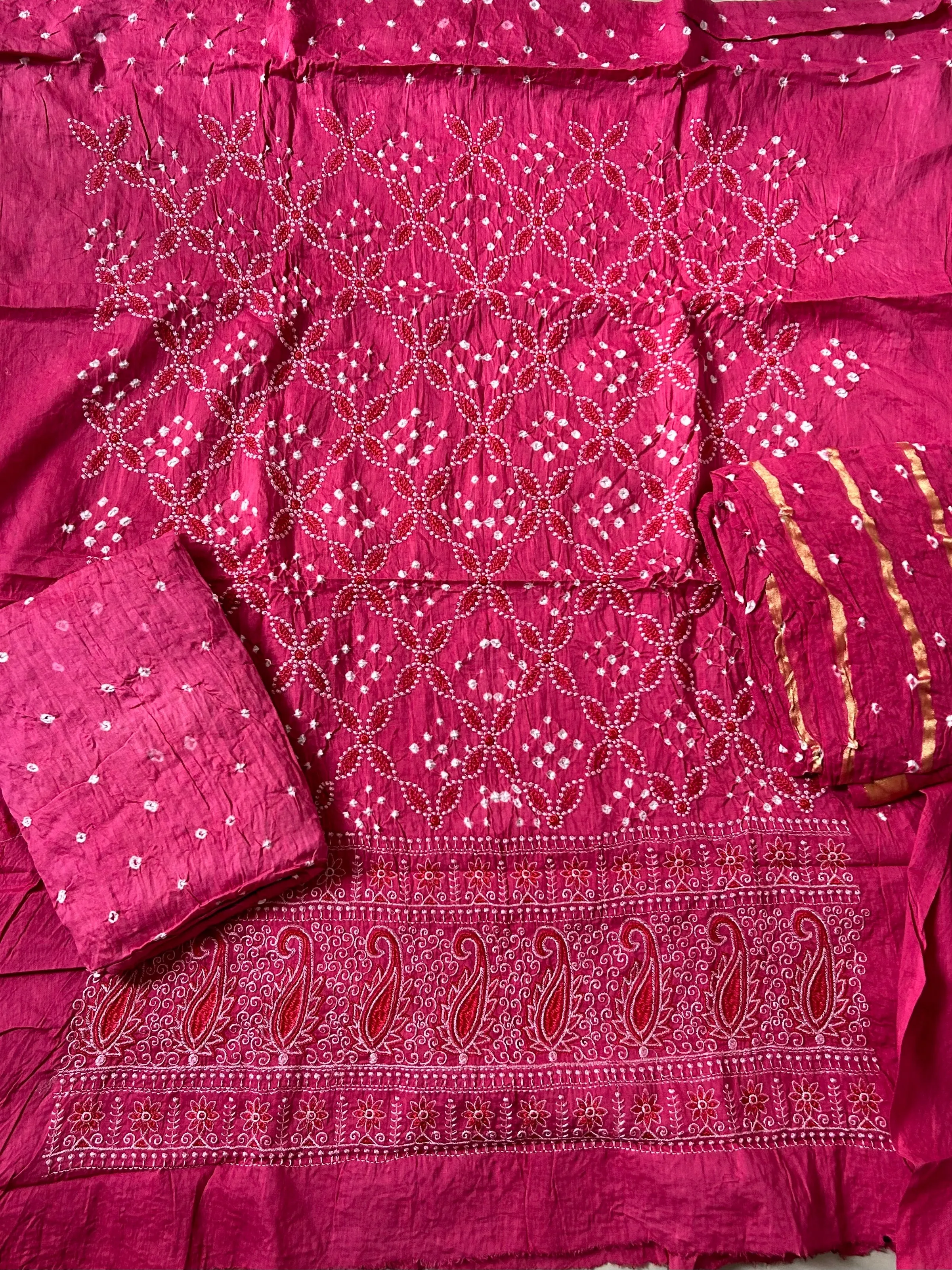 Pink Embroidered Cotton Bandhej Dress Material