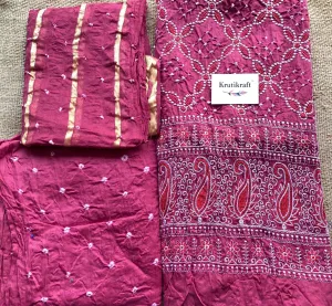 Pink Embroidered Cotton Bandhej Dress Material
