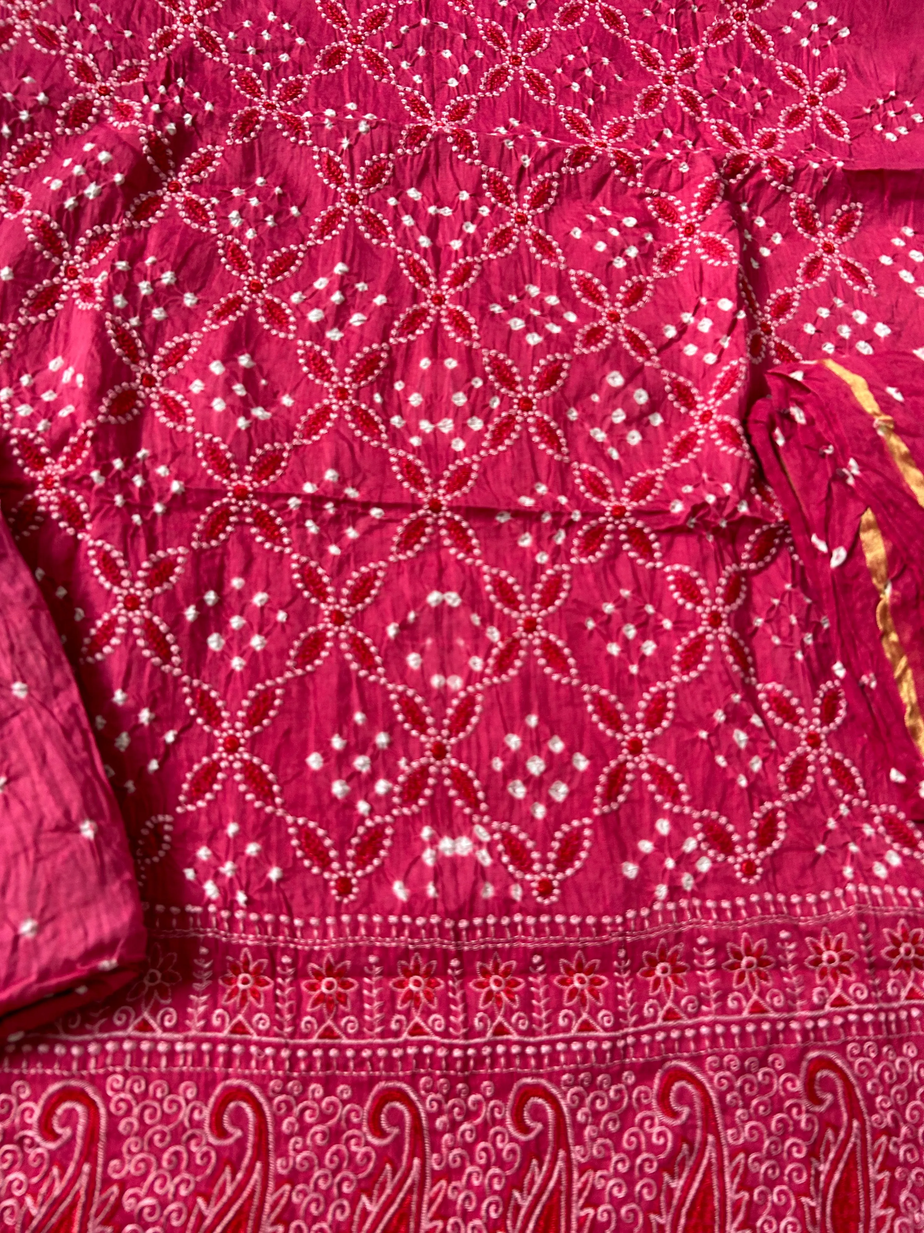 Pink Embroidered Cotton Bandhej Dress Material