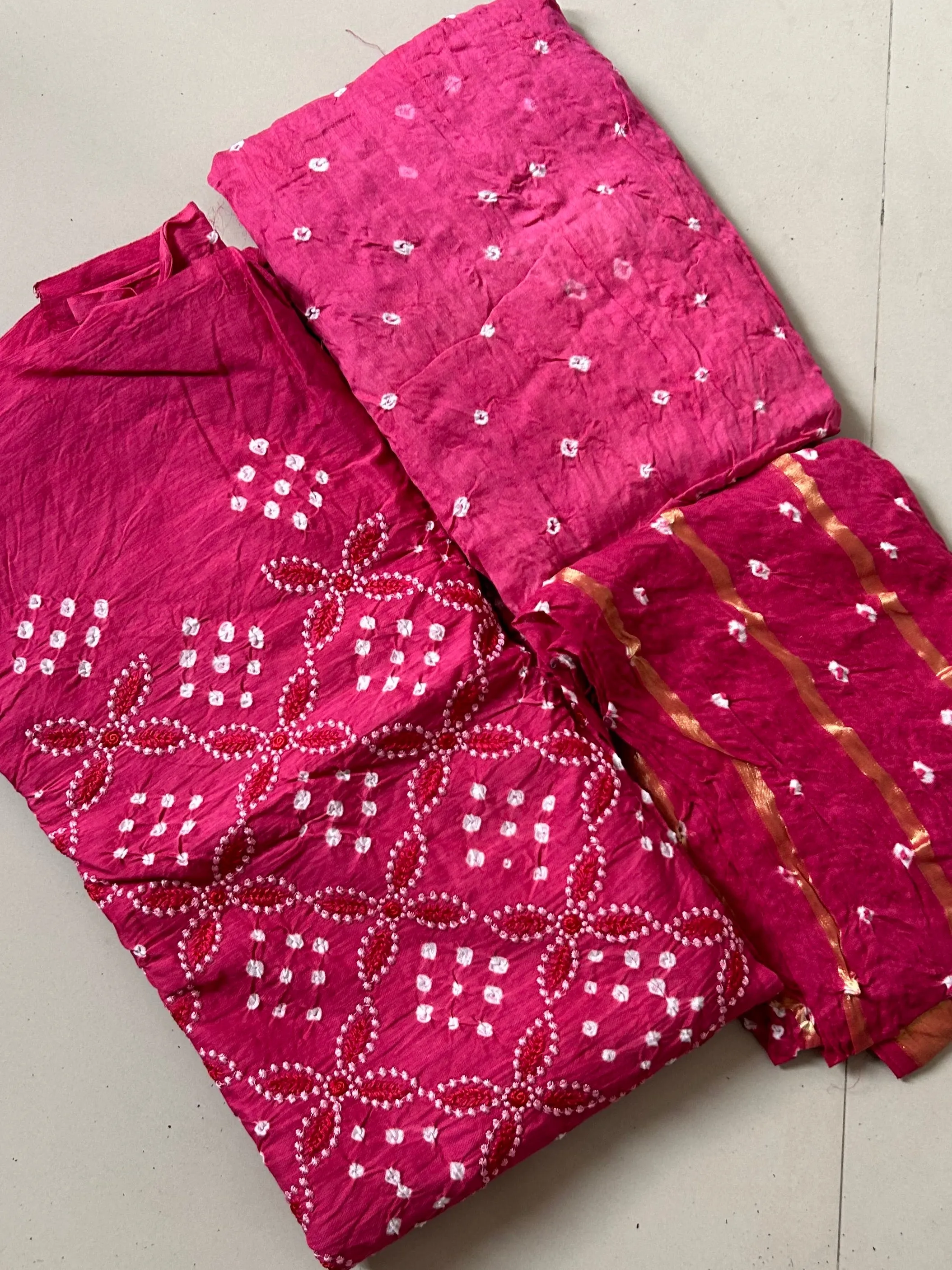 Pink Embroidered Cotton Bandhej Dress Material