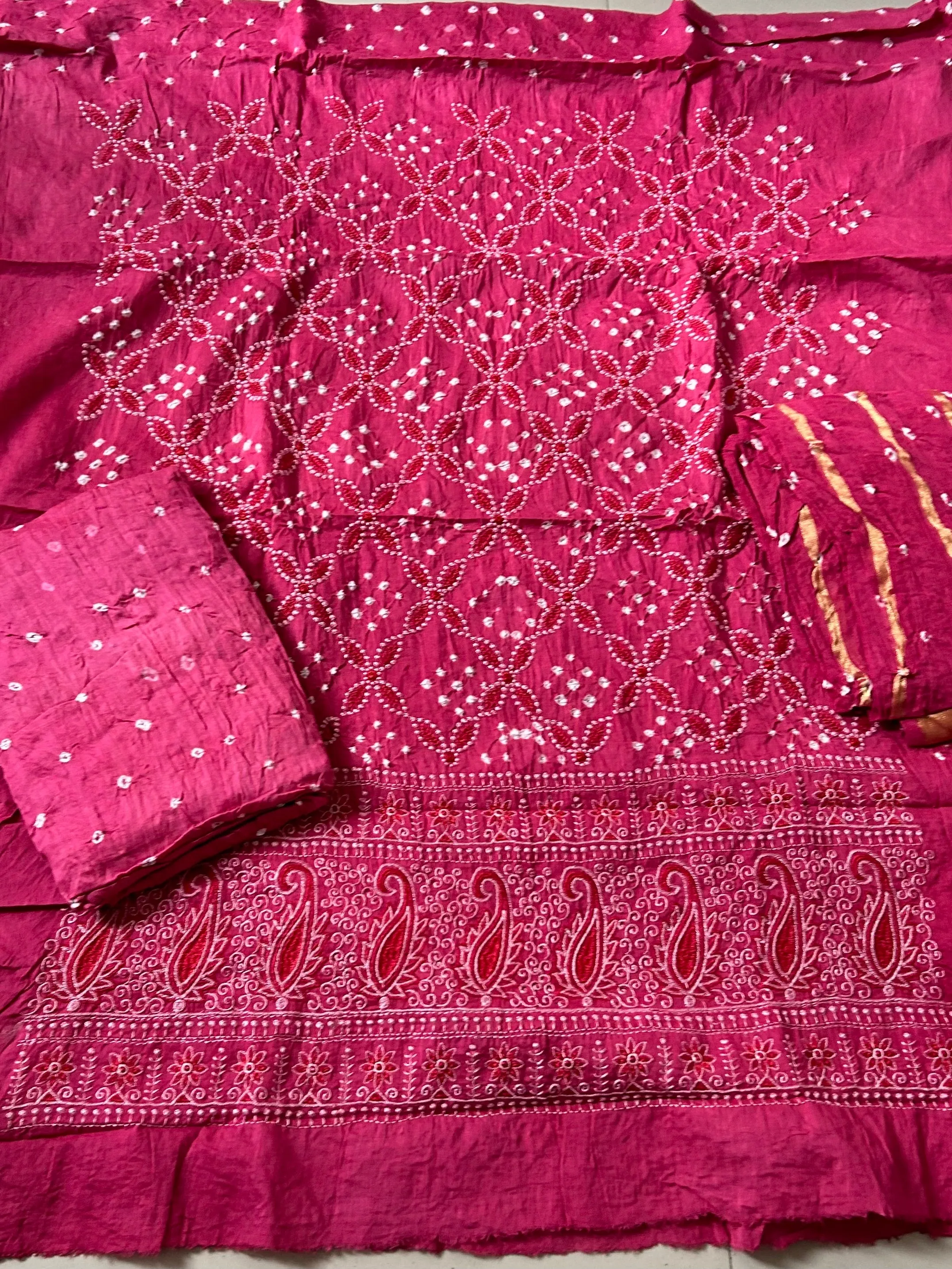 Pink Embroidered Cotton Bandhej Dress Material