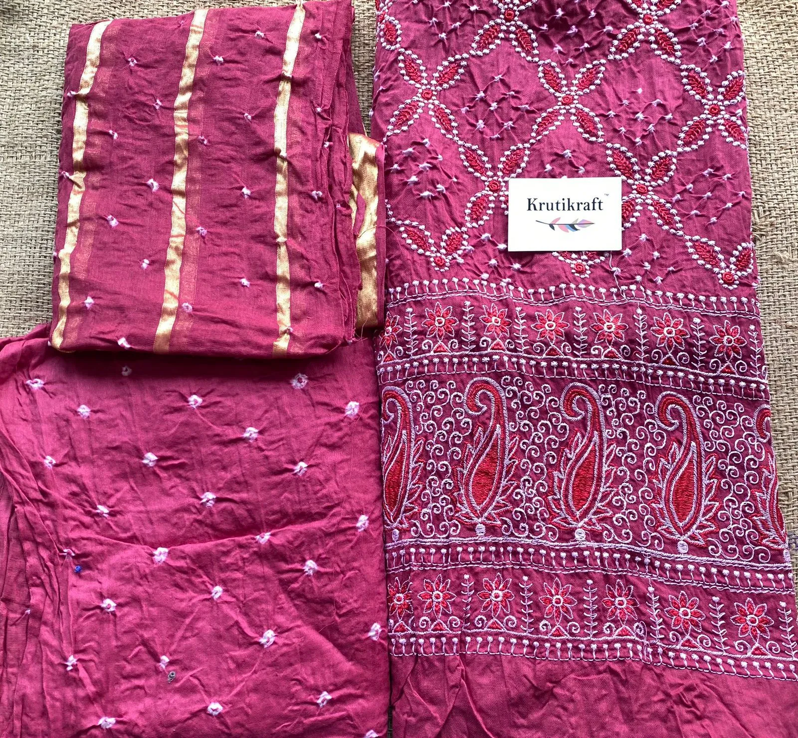 Pink Embroidered Cotton Bandhej Dress Material