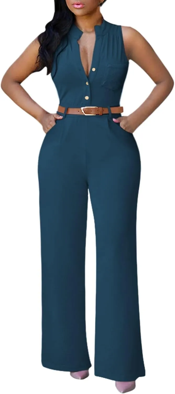 Pink Queen Women Jumpsuits V Neck Button Down Sleeveless Wide Leg Long Pants Romper