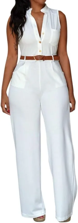 Pink Queen Women Jumpsuits V Neck Button Down Sleeveless Wide Leg Long Pants Romper