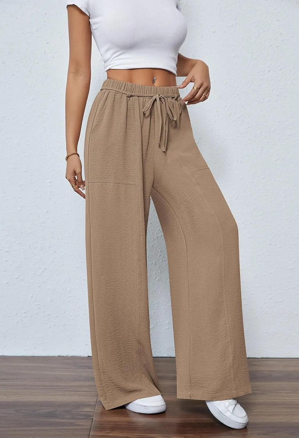 Pink Queen Womens Casual High Waist Pants Drawstring Loose Fit Summer Work Pants Trousers with Side Pockets