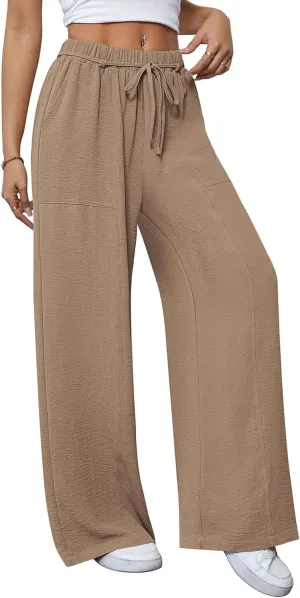 Pink Queen Womens Casual High Waist Pants Drawstring Loose Fit Summer Work Pants Trousers with Side Pockets