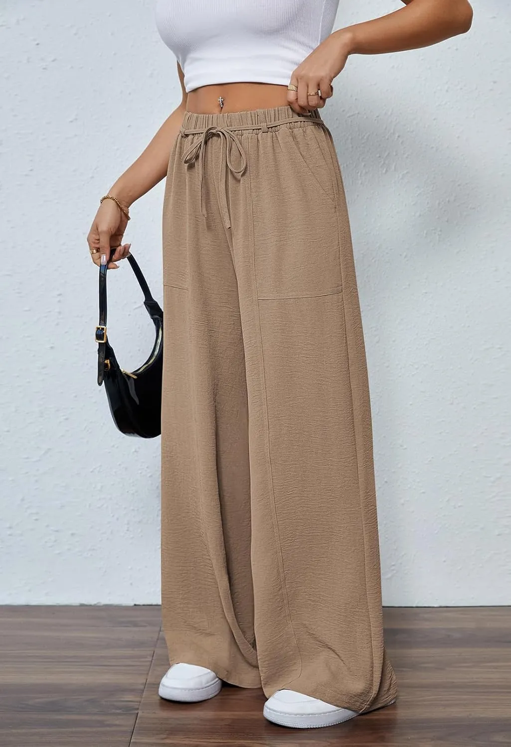 Pink Queen Womens Casual High Waist Pants Drawstring Loose Fit Summer Work Pants Trousers with Side Pockets