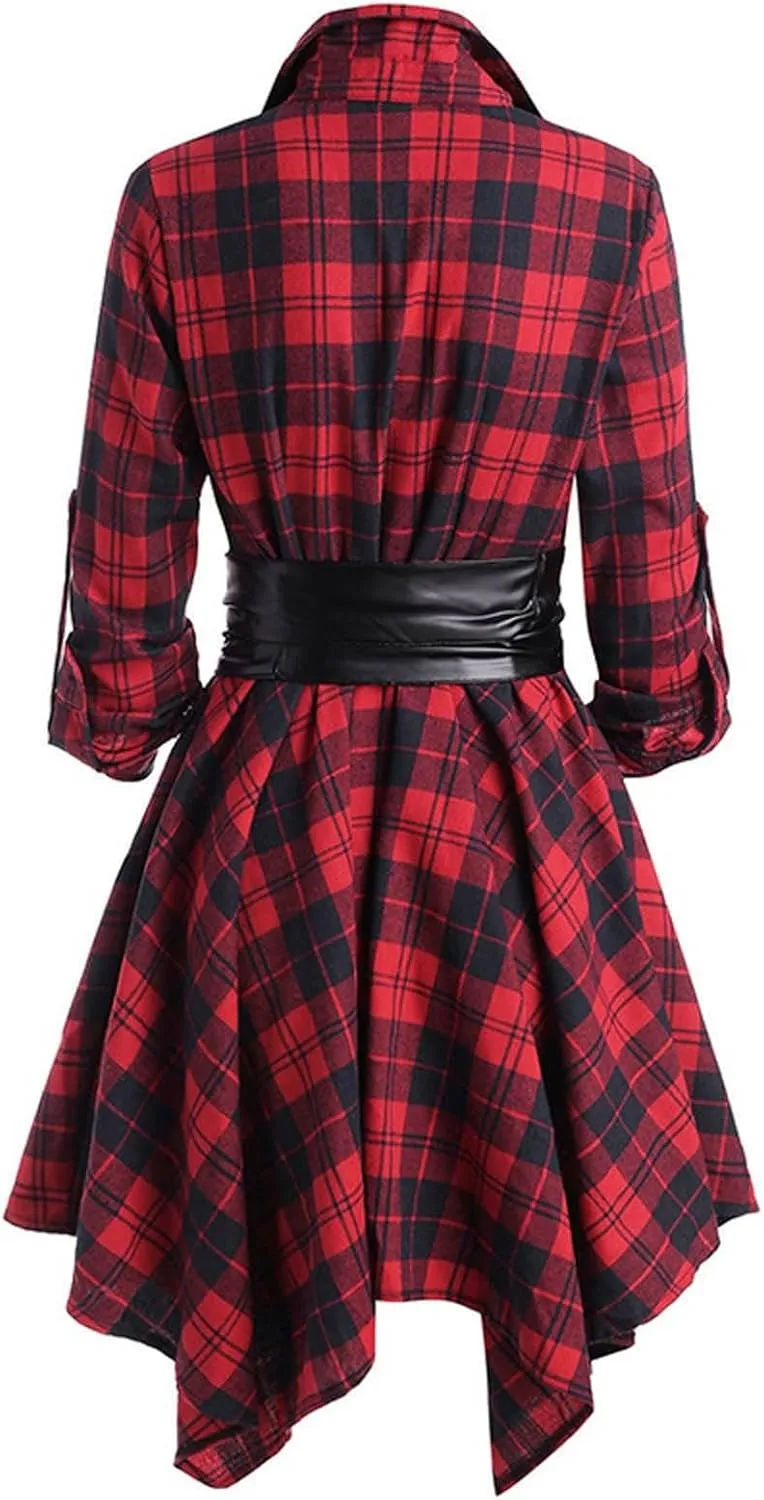 Plaid Dresses for Women Fall Long Sleeve Sleeve Dress Button Down Casual Dresses Christmas Belted Mini Shirtdress