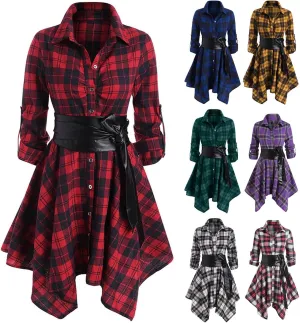 Plaid Dresses for Women Fall Long Sleeve Sleeve Dress Button Down Casual Dresses Christmas Belted Mini Shirtdress