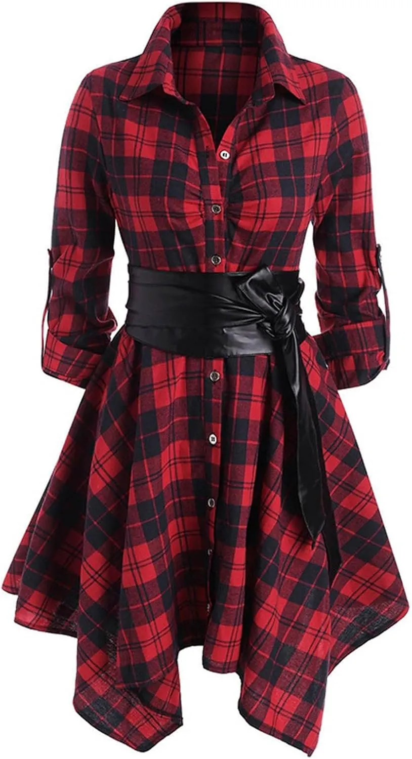 Plaid Dresses for Women Fall Long Sleeve Sleeve Dress Button Down Casual Dresses Christmas Belted Mini Shirtdress