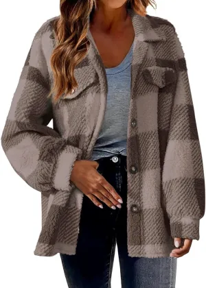 Plaid Flannel Jacket for Women Oversized Hoodie Button Down Lapel Collar Coats Fall Trendy Fleece Long Sleeve Blouses