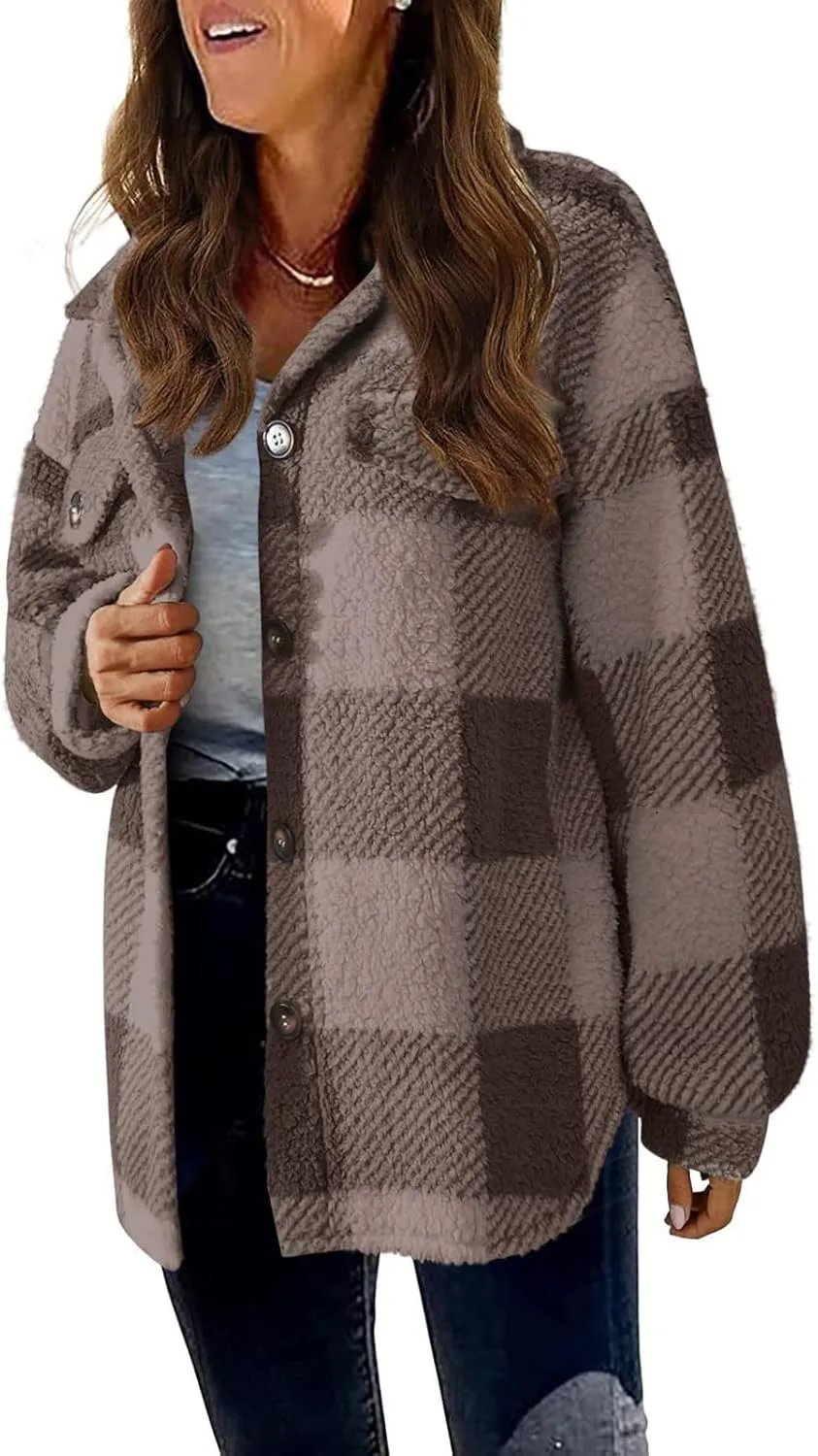 Plaid Flannel Jacket for Women Oversized Hoodie Button Down Lapel Collar Coats Fall Trendy Fleece Long Sleeve Blouses