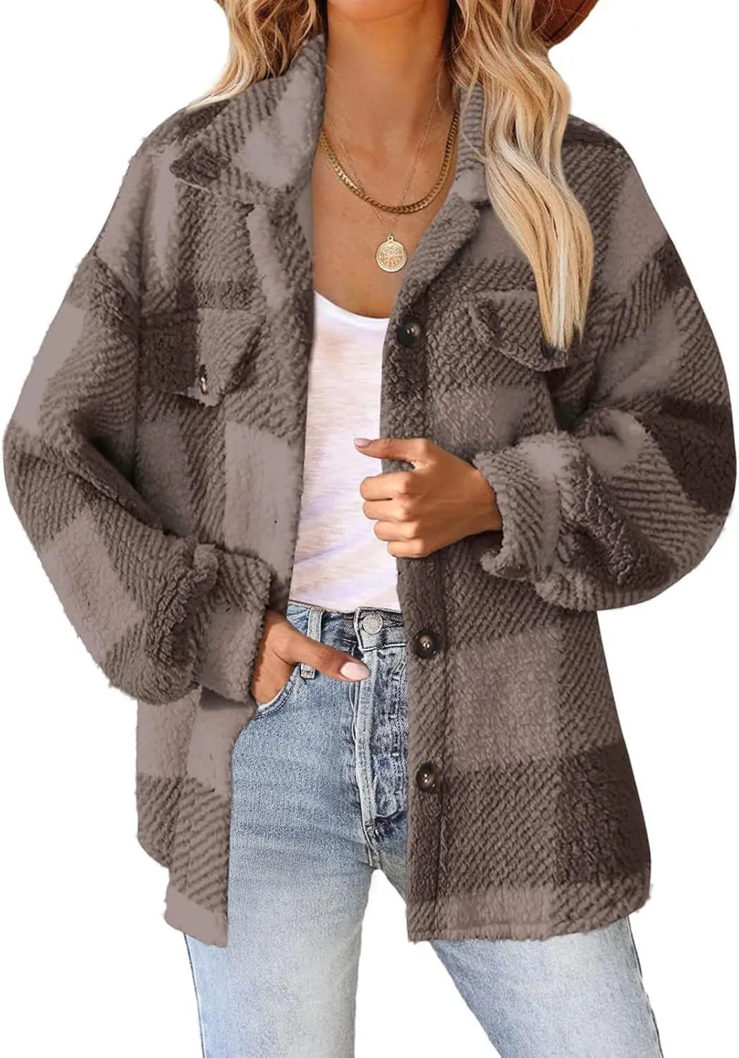 Plaid Flannel Jacket for Women Oversized Hoodie Button Down Lapel Collar Coats Fall Trendy Fleece Long Sleeve Blouses