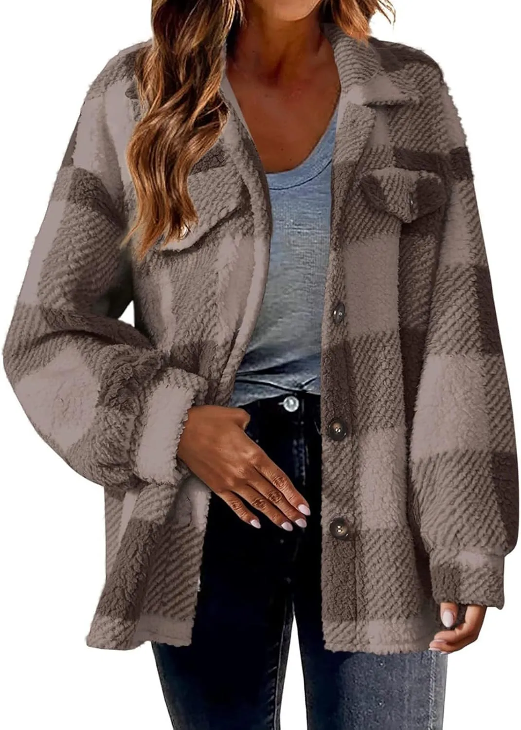 Plaid Flannel Jacket for Women Oversized Hoodie Button Down Lapel Collar Coats Fall Trendy Fleece Long Sleeve Blouses
