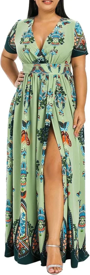 Plus Size Dresses for Curvy Women,2024 Spring Summer Elegant Wrap V Neck Bodycon Maxi Dress,Trendy Vintage Floral Print Short Sleeve Boho Dress,Flowy Ruched High Slit Beach Dress(D-Green,3XL)