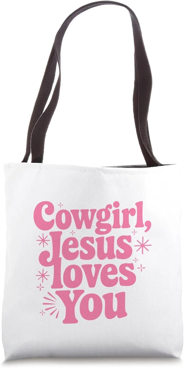 Popular Cowgirl Jesus Loves You Cute Pink Christian Western Tote Bag
