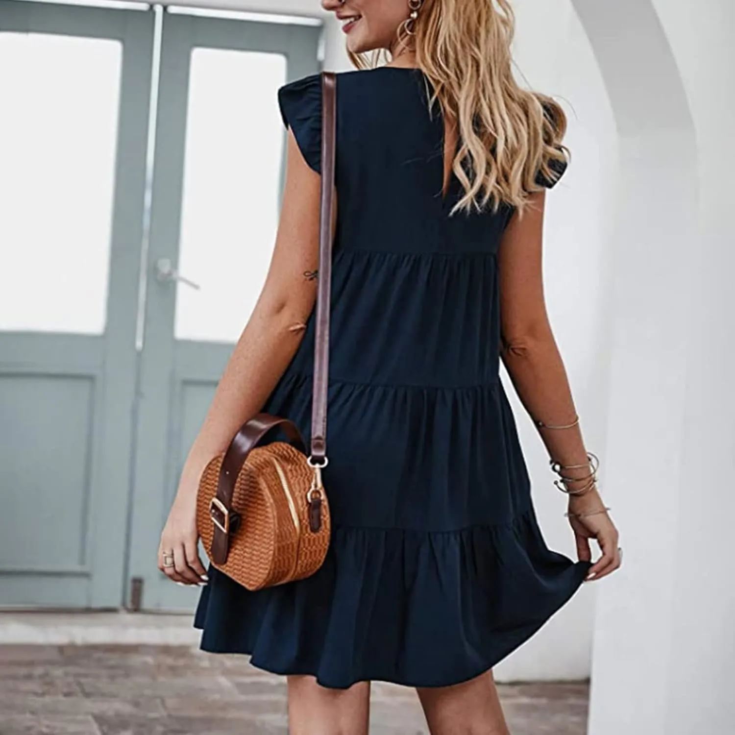 Prom Dress, Women's Casual Summer Mini Dress Puffy Short Sleeve Square Neck Smocked Tiered Ruffle Dresses