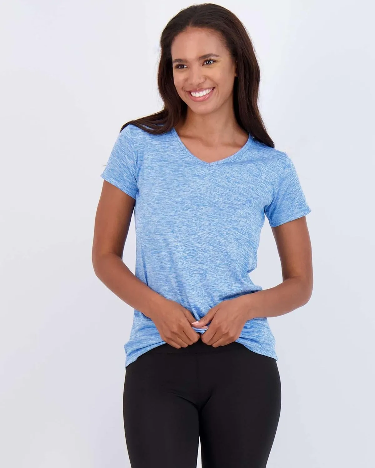 Real Essentials 5 Pack: Women's Short Sleeve V-Neck Activewear T-Shirt Dry-Fit Wicking Yoga Top (Available in Plus)