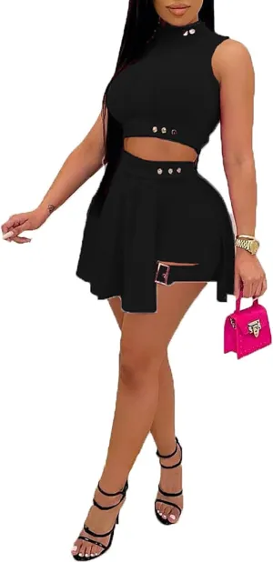 Remxi Women 2 Piece Outfits Jumpsuits Summer Sexy Sleeveless Crop Top Pleated Mini Skirt Biker Shorts Set Sweatsuit