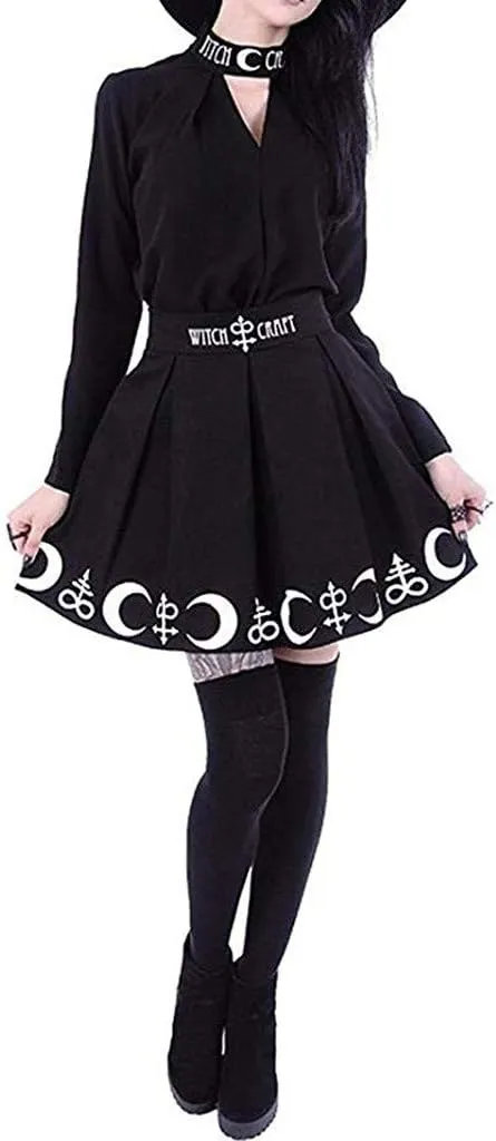 RKSTN Women's Goth Pleated Skirt Black Moon Print Skorts Gothic Punk Dress Witchcraft Magic Spell Symbols Pleated Mini Skirt