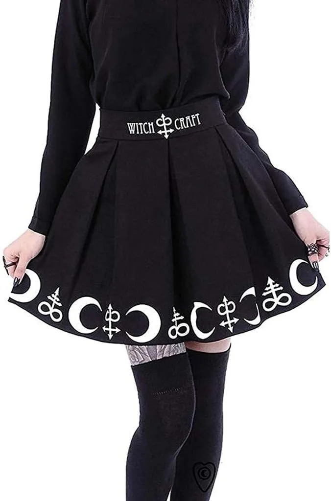 RKSTN Women's Goth Pleated Skirt Black Moon Print Skorts Gothic Punk Dress Witchcraft Magic Spell Symbols Pleated Mini Skirt