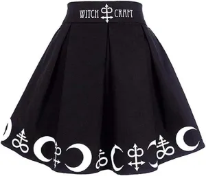 RKSTN Women's Goth Pleated Skirt Black Moon Print Skorts Gothic Punk Dress Witchcraft Magic Spell Symbols Pleated Mini Skirt