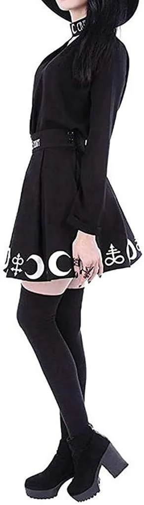 RKSTN Women's Goth Pleated Skirt Black Moon Print Skorts Gothic Punk Dress Witchcraft Magic Spell Symbols Pleated Mini Skirt