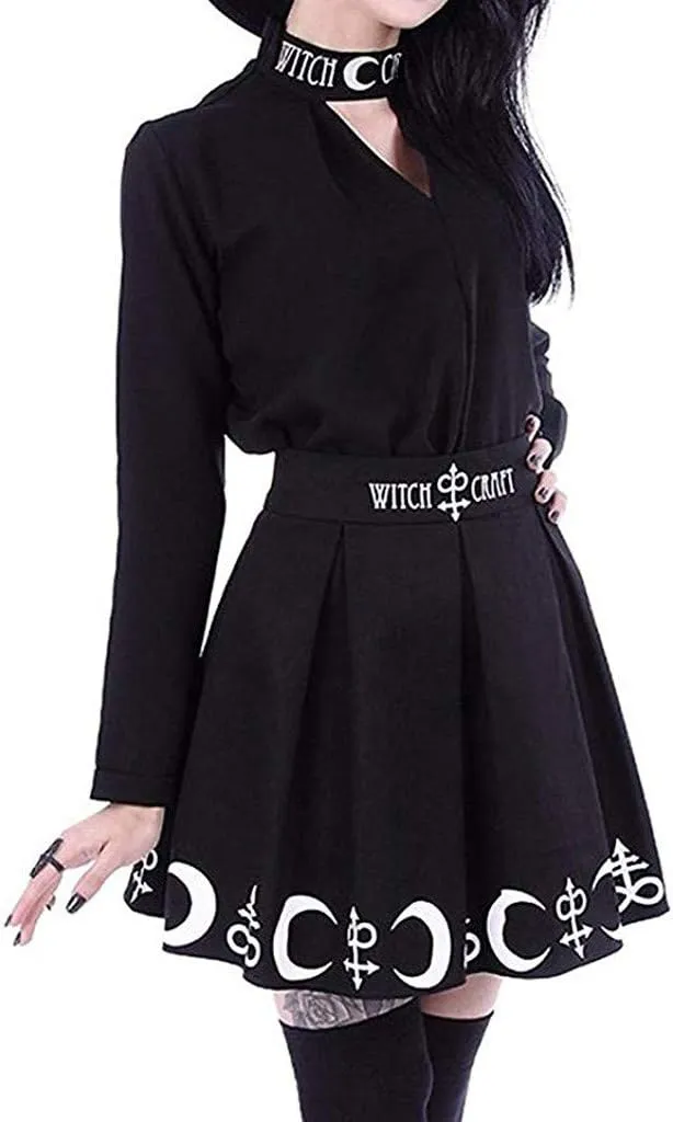 RKSTN Women's Goth Pleated Skirt Black Moon Print Skorts Gothic Punk Dress Witchcraft Magic Spell Symbols Pleated Mini Skirt