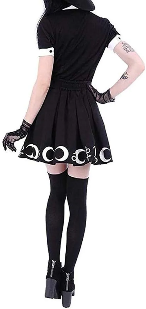 RKSTN Women's Goth Pleated Skirt Black Moon Print Skorts Gothic Punk Dress Witchcraft Magic Spell Symbols Pleated Mini Skirt