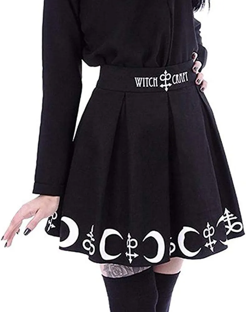 RKSTN Women's Goth Pleated Skirt Black Moon Print Skorts Gothic Punk Dress Witchcraft Magic Spell Symbols Pleated Mini Skirt
